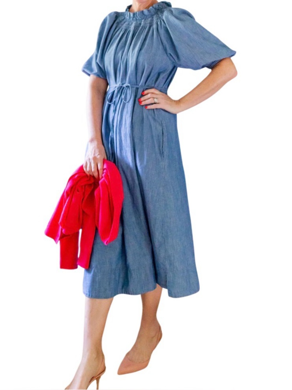 J. Crew Midi Dress Size XL Chambray Cotton Linen Puff Sleeve Smocked Neck